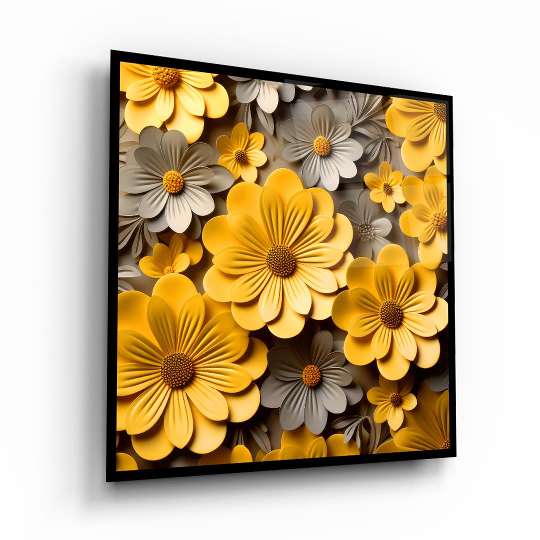 Sarı Çiçekler Kare Cam Tablo-Glass Art Concept