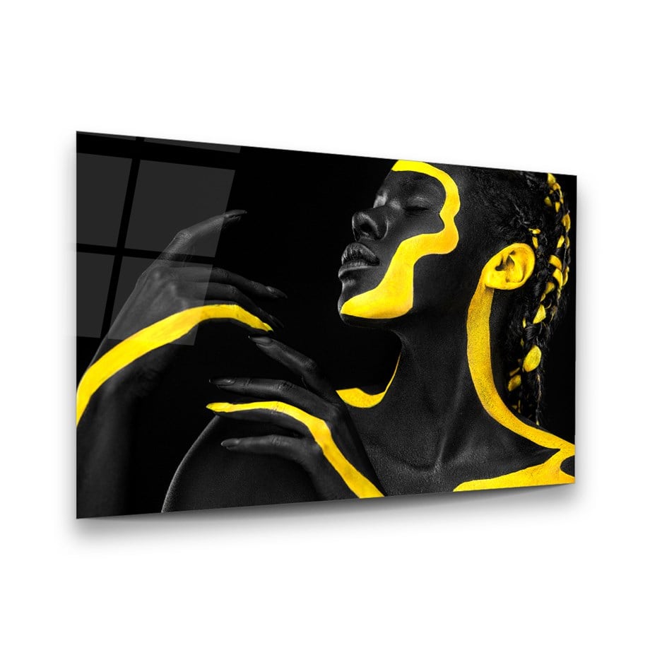 Sarı Çizgili Kadın Yatay Cam Tablo-Glass Art Concept