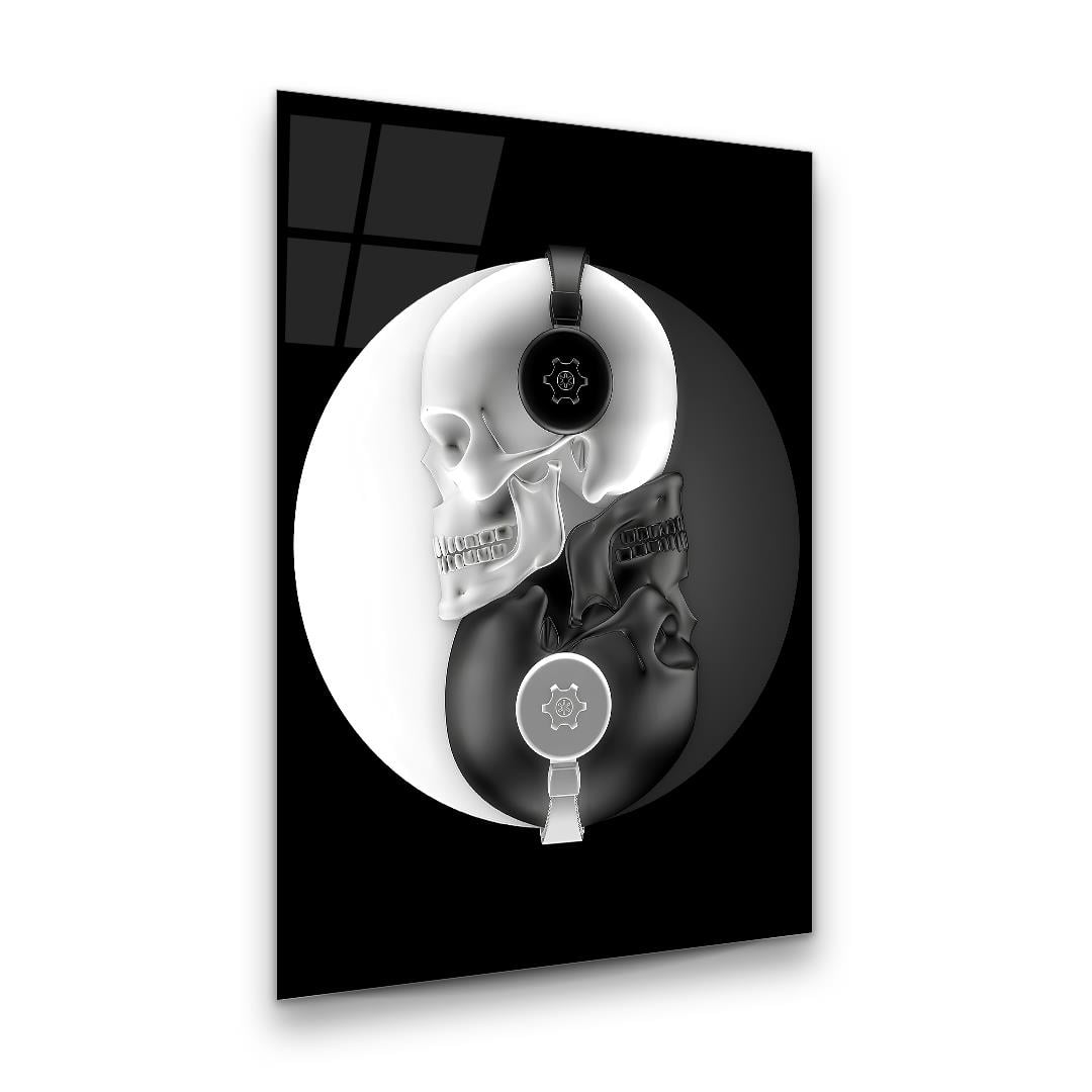 Siyah Beyaz Kurukafa Dikey Cam Tablo-Glass Art Concept