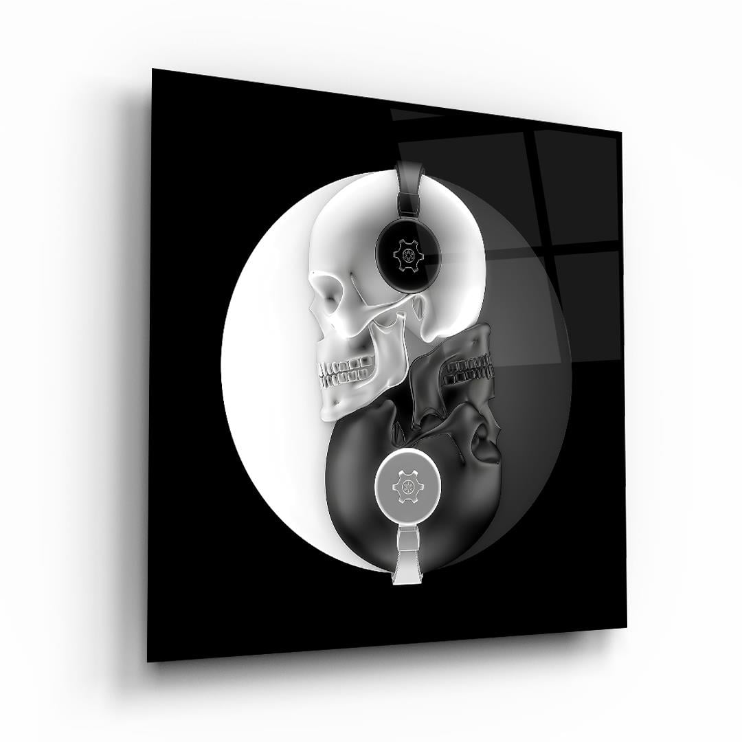 Siyah Beyaz Kurukafa Kare Cam Tablo-Glass Art Concept
