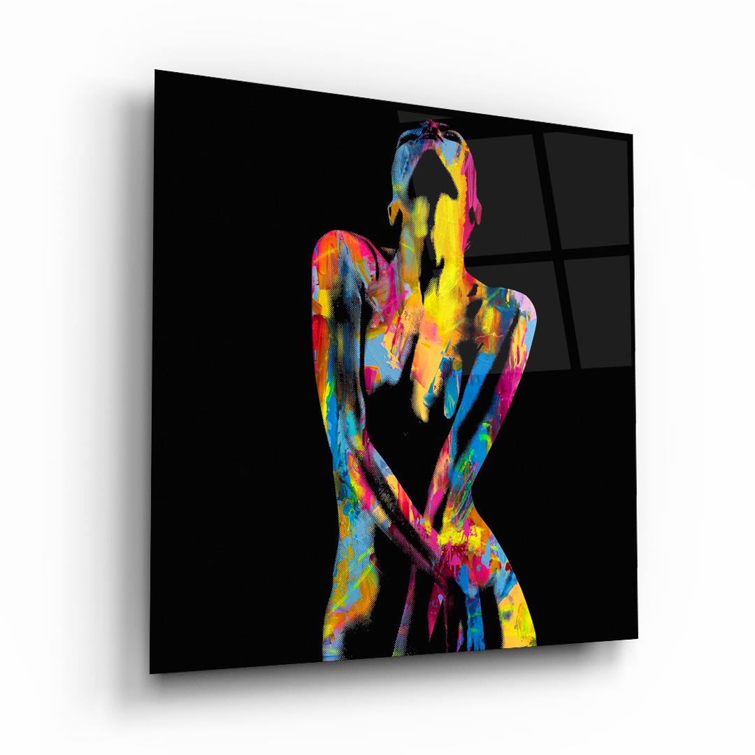 Soyut Renkli Kadın Kare Cam Tablo-Glass Art Concept