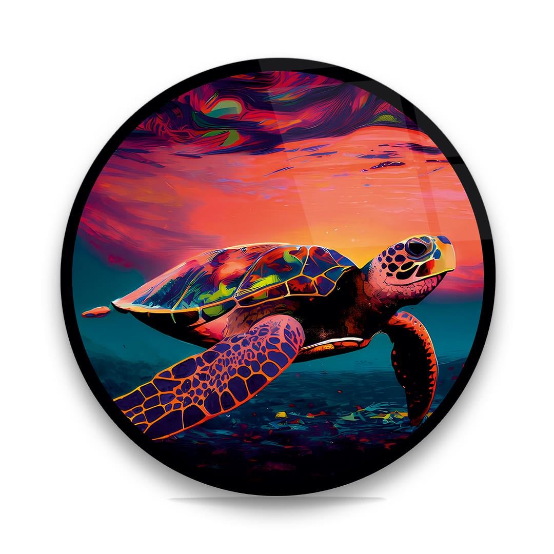 Su Kaplumbağası 2 Yuvarlak Cam Tablo-Glass Art Concept