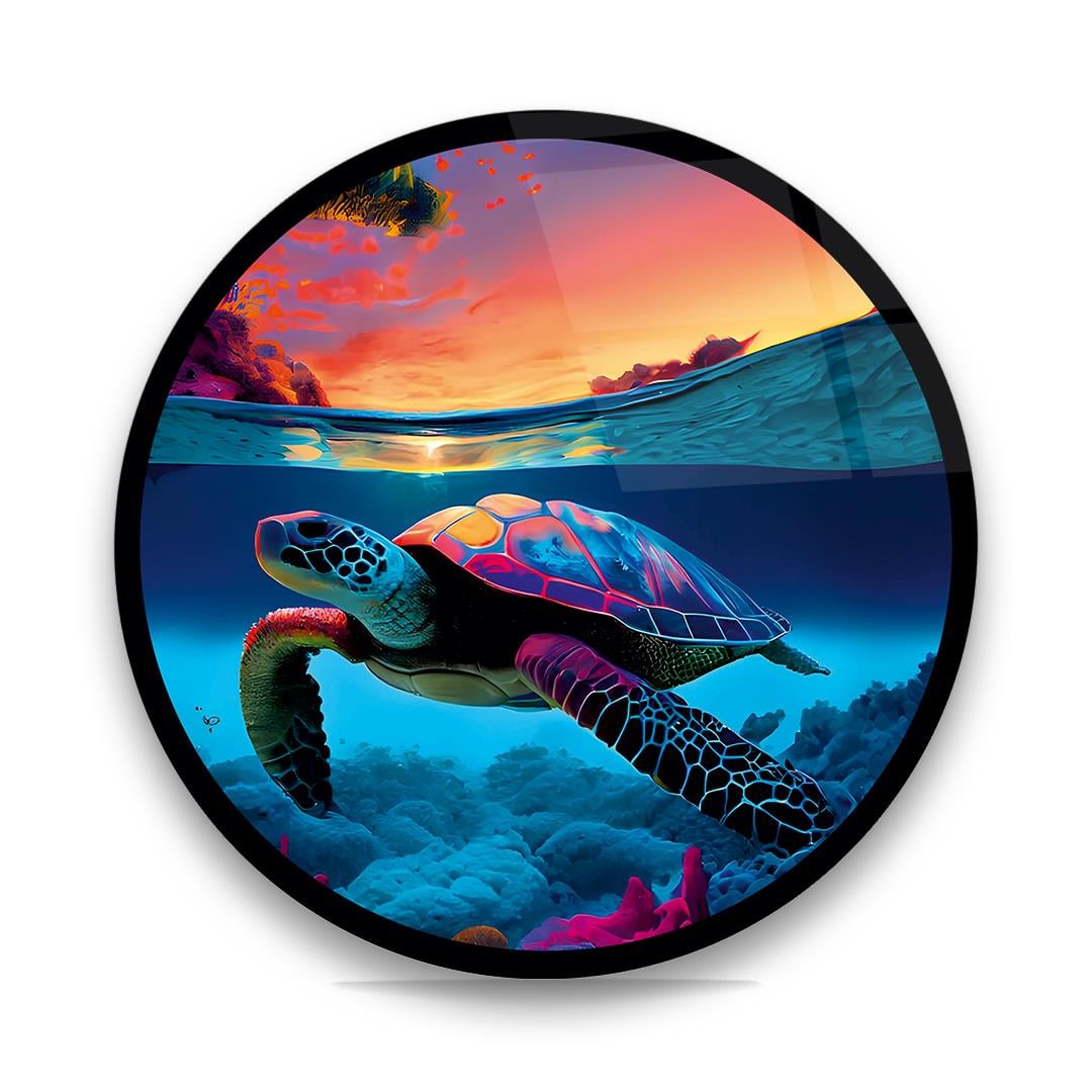 Su Kaplumbağası Yuvarlak Cam Tablo-Glass Art Concept