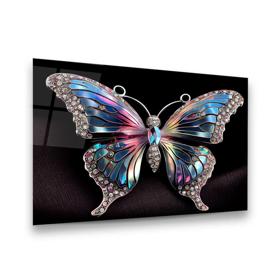 Taşlı Kelebek Yatay Cam Tablo-Glass Art Concept