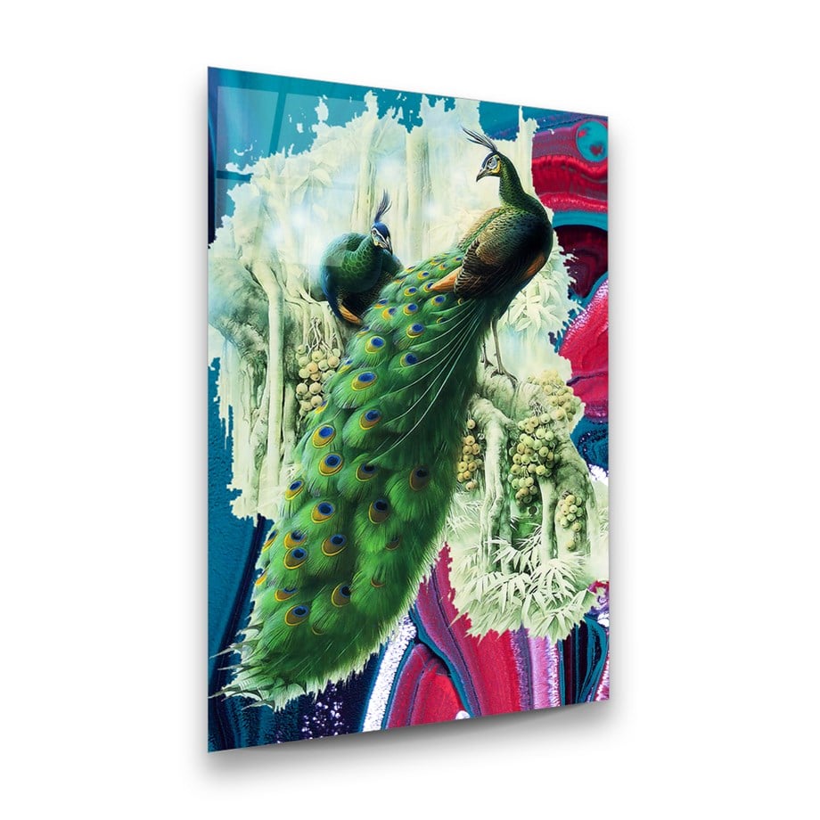 Tavus Kuşu Manipülasyon Dikey Cam Tablo-Glass Art Concept