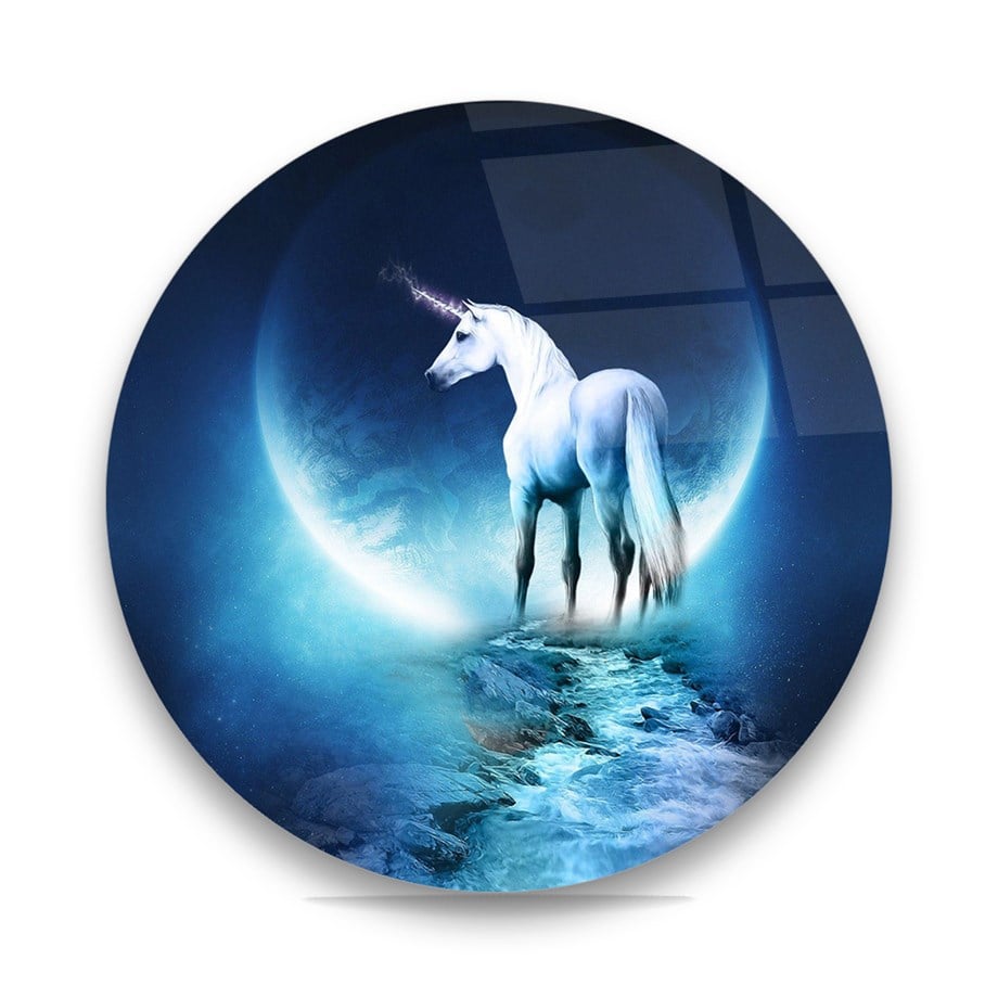 Tek Boynuzlu At Unicorn Yuvarlak Cam Tablo-Glass Art Concept