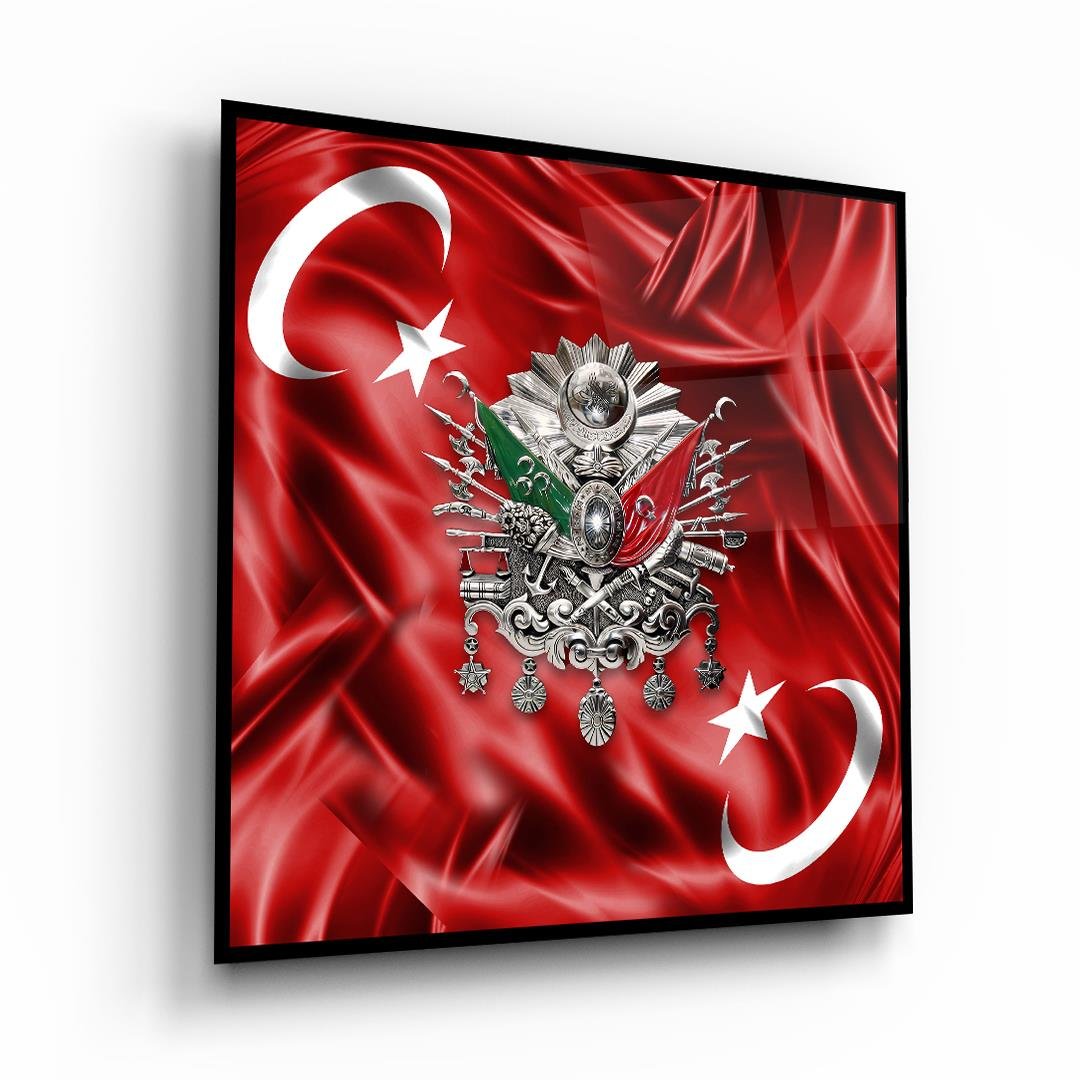 Türk Bayrağı ve Osmanlı Tuğrası Kare Cam Tablo-Glass Art Concept