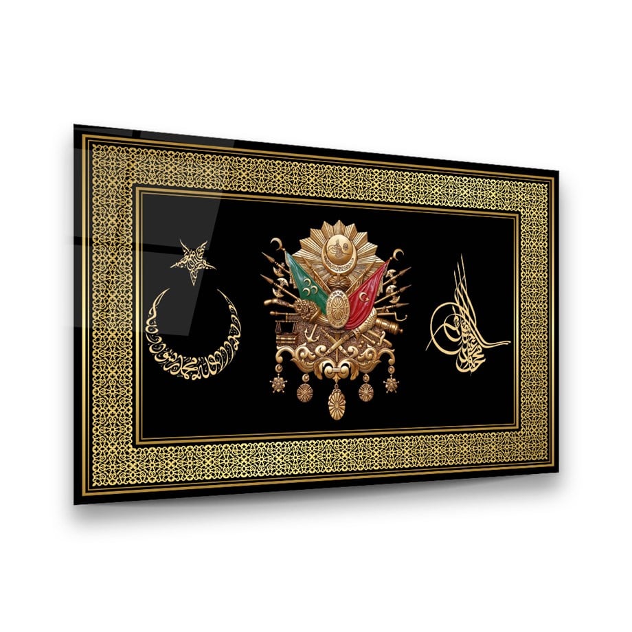 Türk Bayrağı ve Osmanlı Tuğrası Yatay Cam Tablo-Glass Art Concept