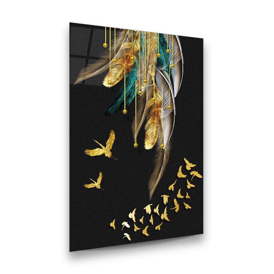 Tüyler ve Kuşlar Dikey Cam Tablo-Glass Art Concept