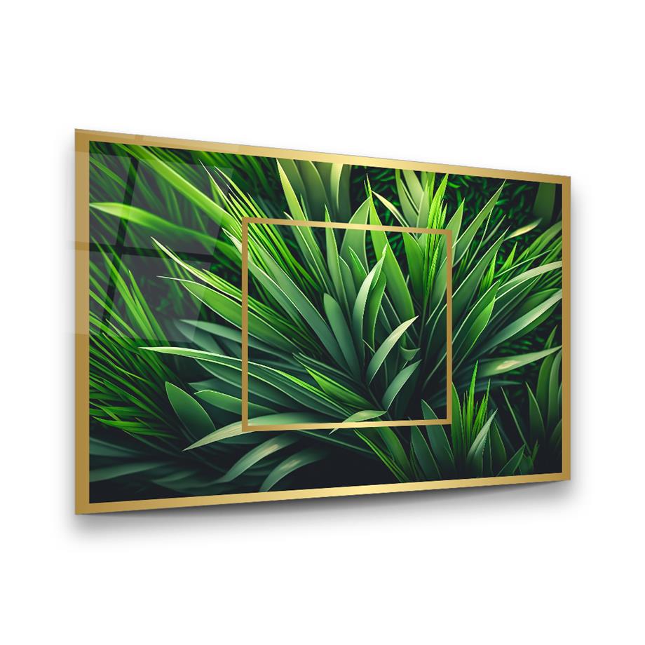 Uzun Yeşil Yapraklar Manipülasyon Yatay Cam Tablo-Glass Art Concept
