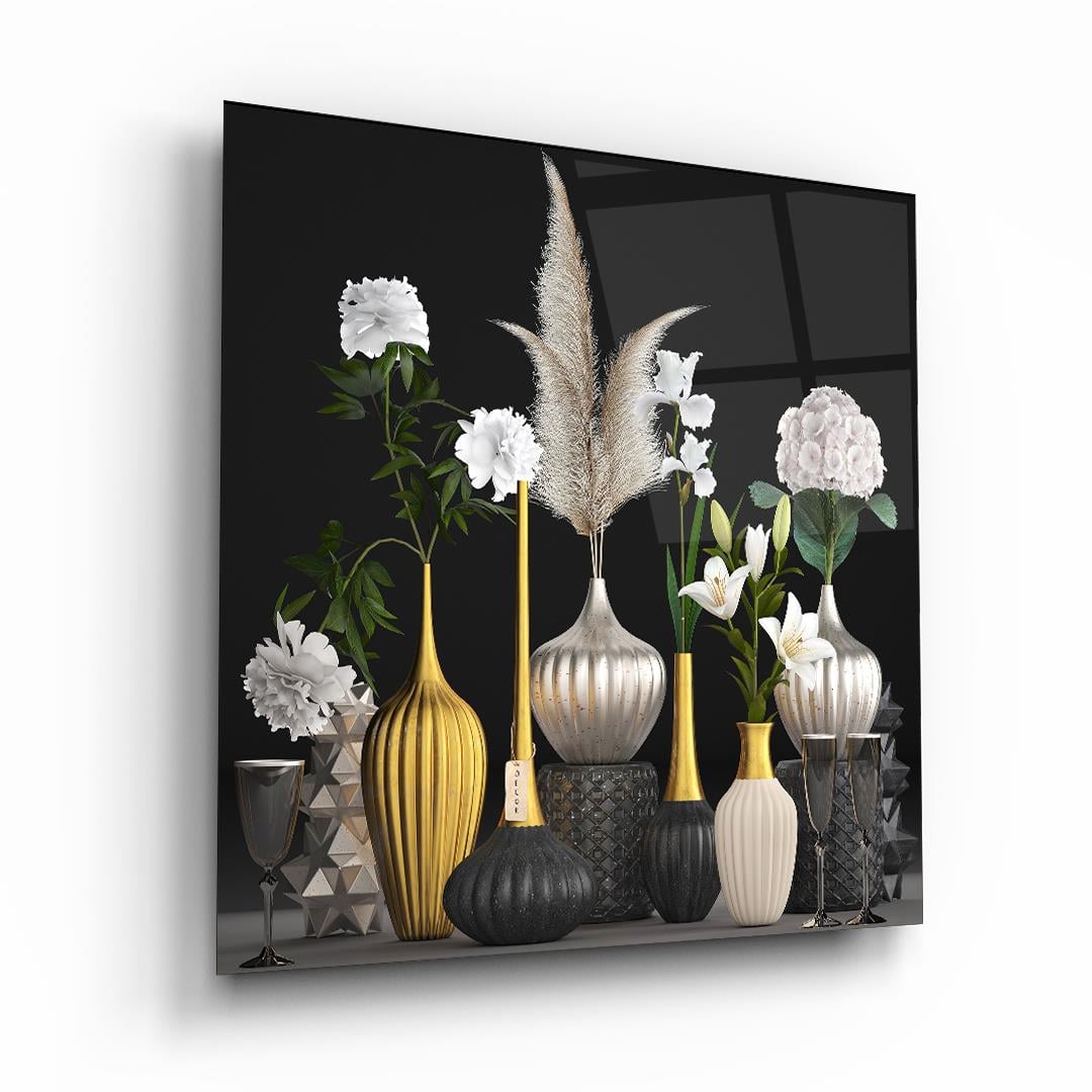 Vazoda Çiçekler Kare Cam Tablo-Glass Art Concept