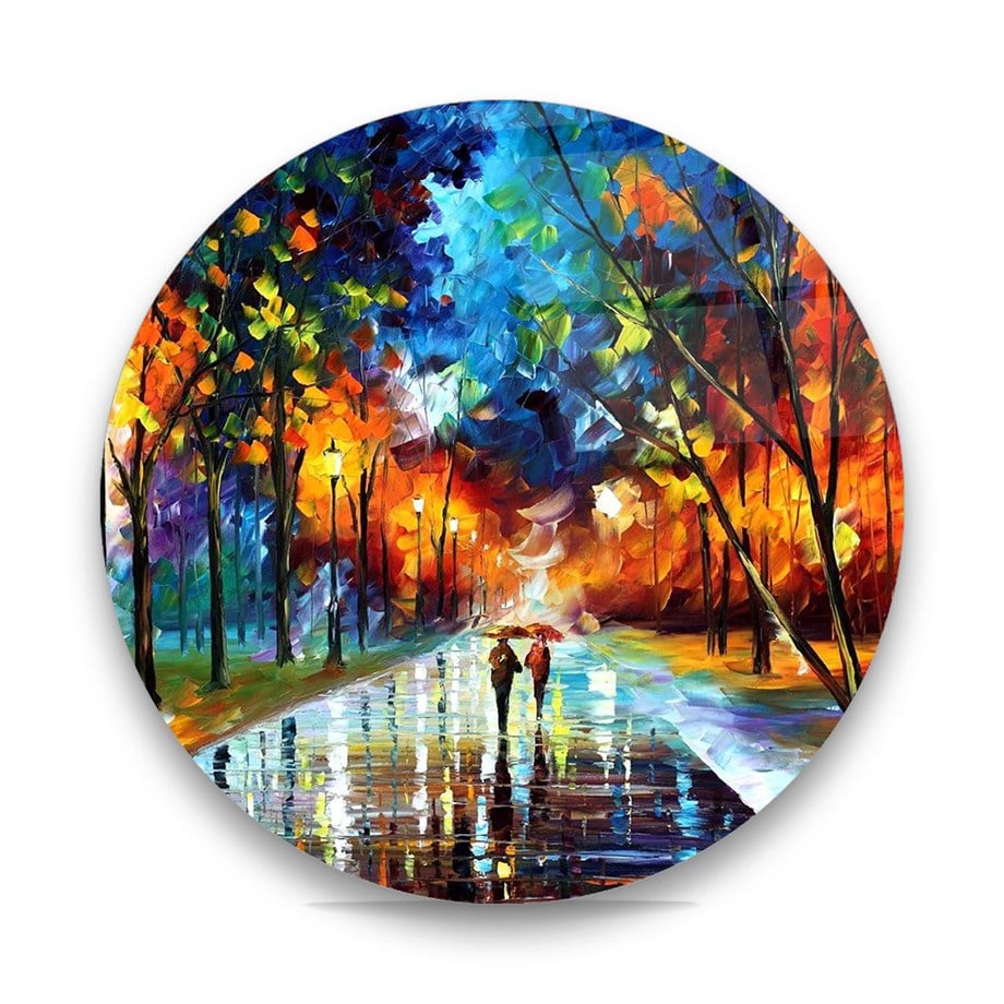 Yağmurda Yürüyen Çift Yağlı Boya Çalışma Yuvarlak Cam Tablo-Glass Art Concept