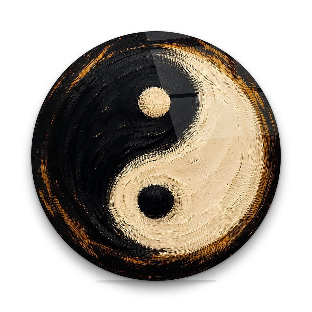 Ying ile Yang Denge Sembolü 2 Yuvarlak Cam Tablo-Glass Art Concept