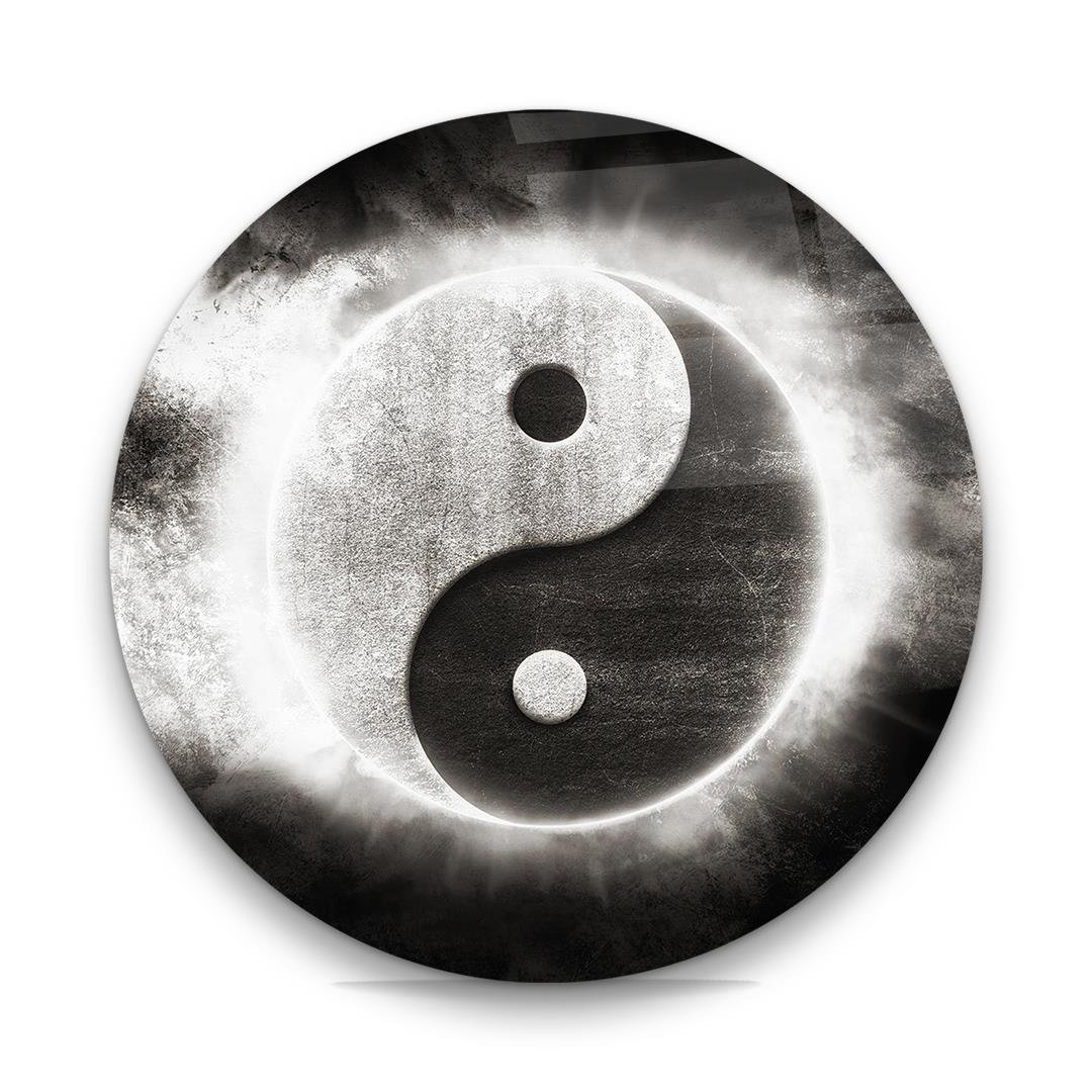 Ying ile Yang Denge Sembolü Yuvarlak Cam Tablo-Glass Art Concept