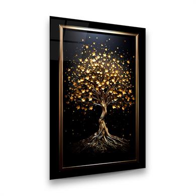 Altın Ağaç Dikey Cam Tablo-Glass Art Concept