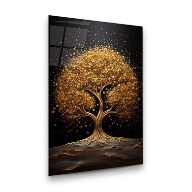 Altın Temalı Ağaç Dikey Cam Tablo-Glass Art Concept
