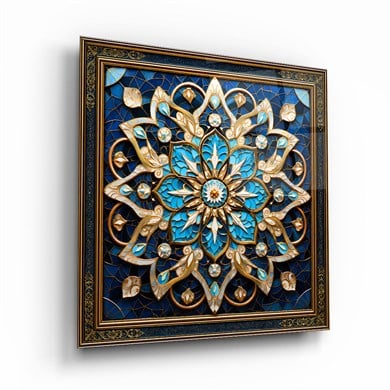 Mavi Çiçek Desen Kare Cam Tablo-Glass Art Concept