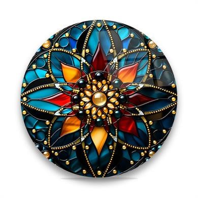 Renkli Çiçek Vitray Desen 2 Yuvarlak Cam Tablo-Glass Art Concept