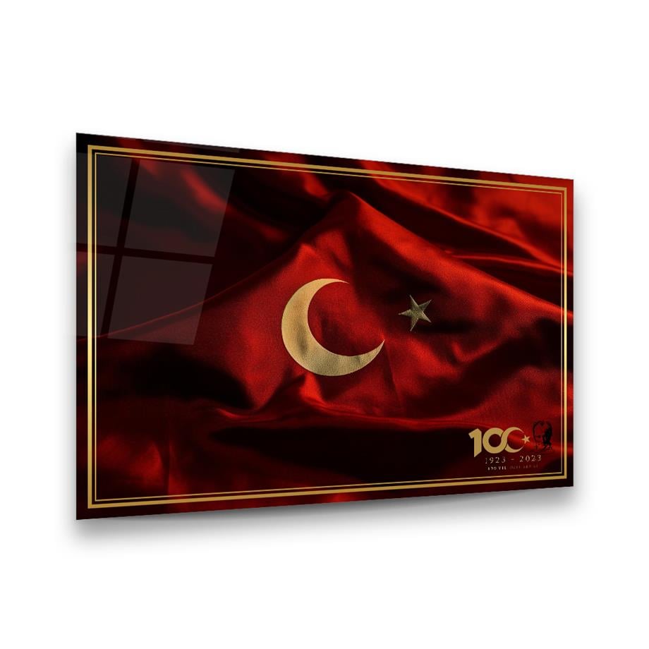 100. Yıl Özel Seri Türk Bayrağı Yatay Cam Tablo-Glass Art Concept