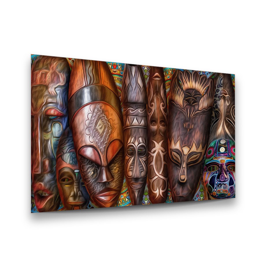 Ahşap Afrika Maskeleri Yatay Cam Tablo-Glass Art Concept