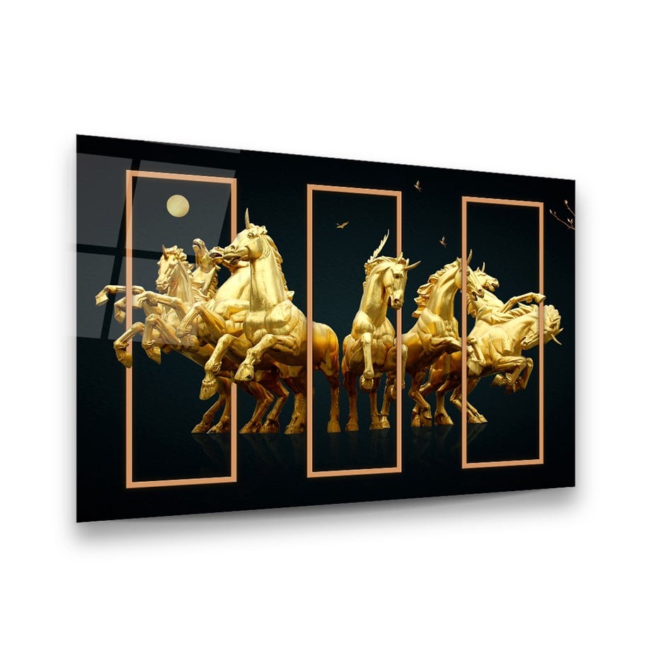 Altın Atlar Yatay Cam Tablo-Glass Art Concept