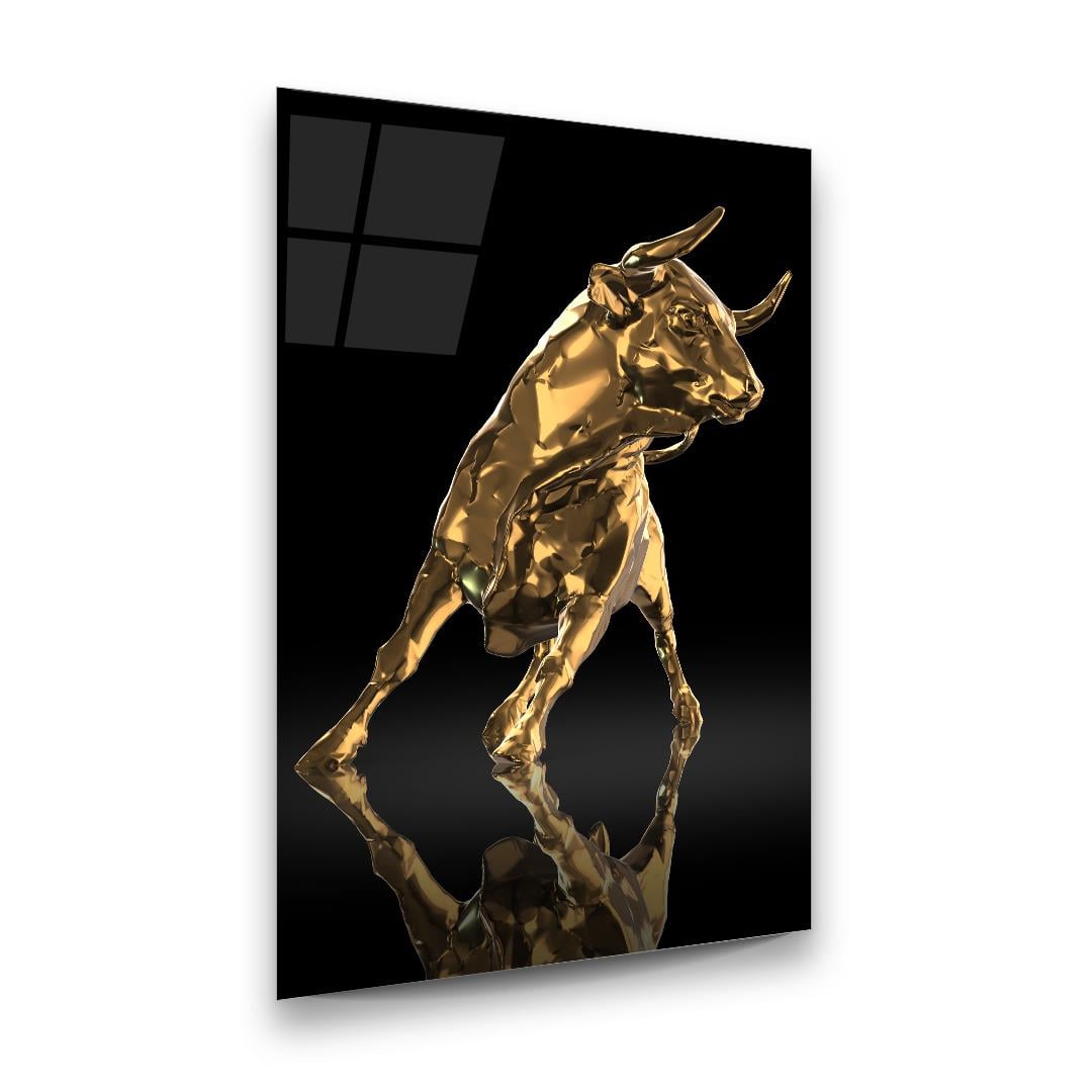 Altın Boğa Dikey Cam Tablo-Glass Art Concept