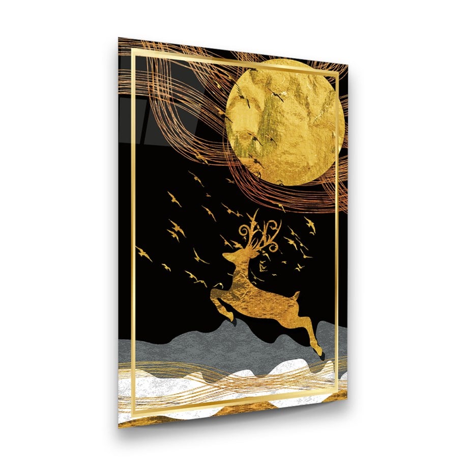 Altın Geyik Dikey Cam Tablo-Glass Art Concept