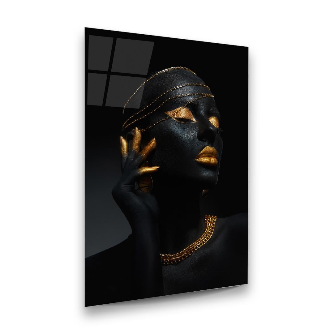 Altın Temalı Siyahi Kadın 4 Dikey Cam Tablo-Glass Art Concept