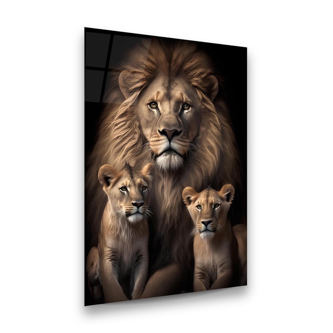 Aslan ve Yavruları Dikey Cam Tablo-Glass Art Concept