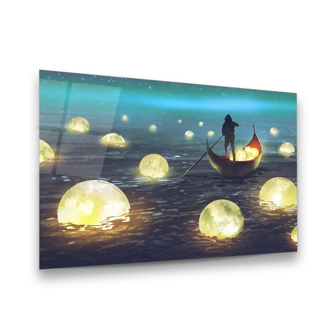 Ay Toplayan Adam Yatay Cam Tablo-Glass Art Concept