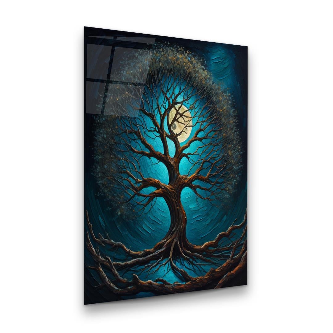Ay ve Ağaç Dikey Cam Tablo-Glass Art Concept