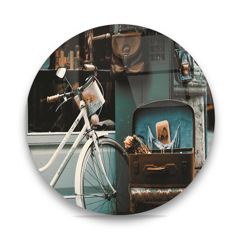 Bisiklet ve Nostaljik Sokak Yuvarlak Cam Tablo-Glass Art Concept