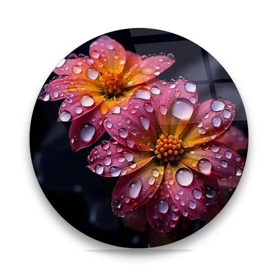 Çiçek ve Damlalar Yuvarlak Cam Tablo-Glass Art Concept