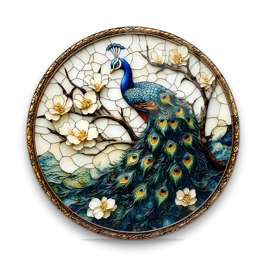Çiçekli Tavus Kuşu Yuvarlak Cam Tablo-Glass Art Concept