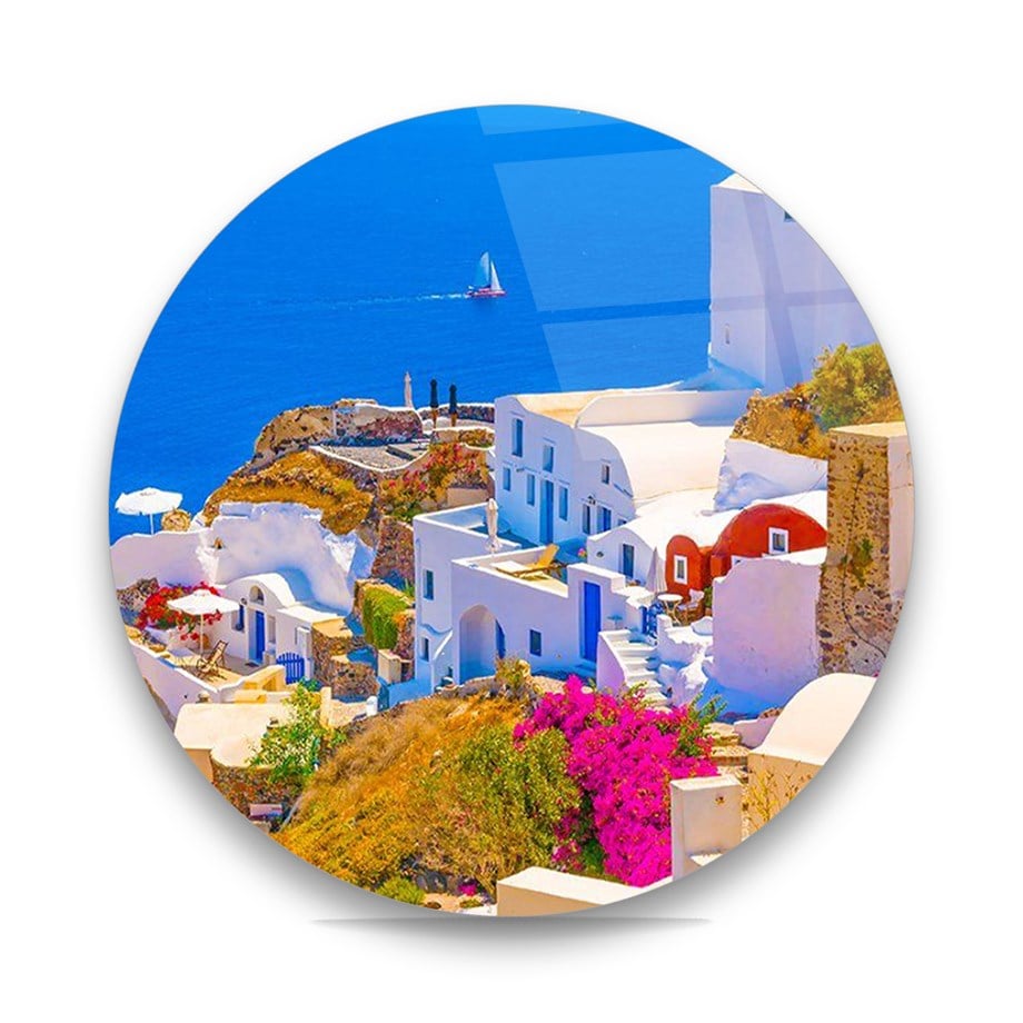 Deniz Manzaralı Beyaz Evler Yuvarlak Cam Tablo-Glass Art Concept