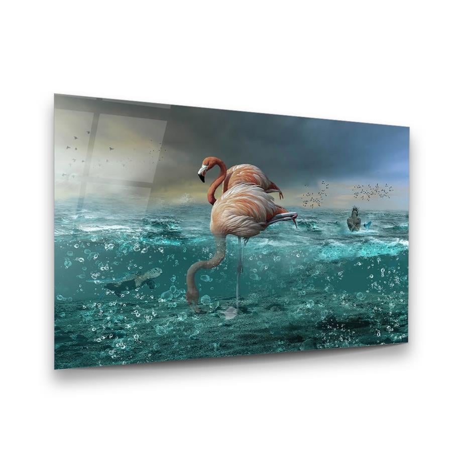 Flamingolar ve Deniz Manipülasyon Yatay Cam Tablo-Glass Art Concept