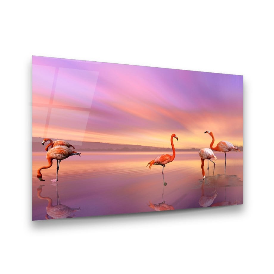 Flamingolar Yatay Cam Tablo-Glass Art Concept