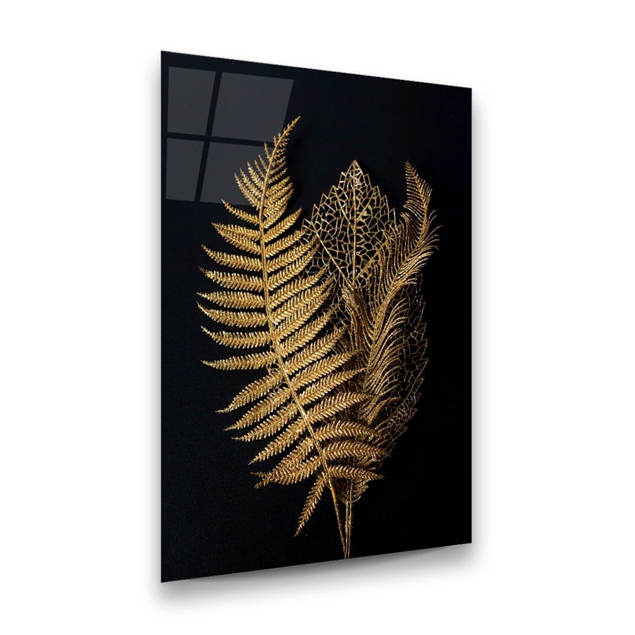 Gold Yapraklar Dikey Cam Tablo-Glass Art Concept