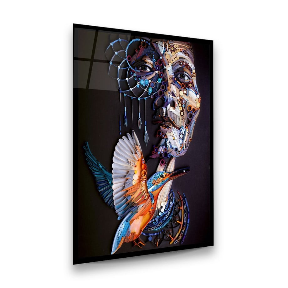 İnsan ve Kuş Kağıt Sanatı Dikey Cam Tablo-Glass Art Concept