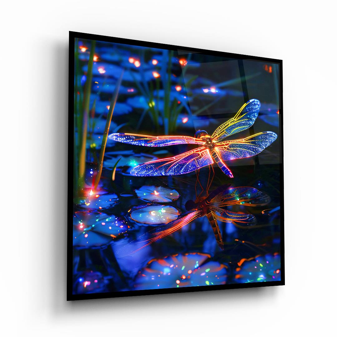 Işıltılı Yusufçuk Kare Cam Tablo-Glass Art Concept