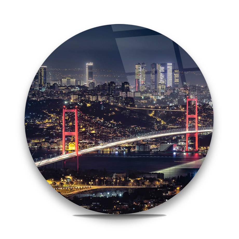 İstanbul Boğaz Köprüsü Yuvarlak Cam Tablo-Glass Art Concept