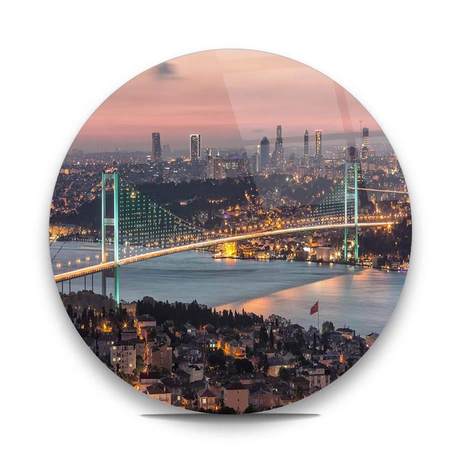 İstanbul Boğaz Köprüsü Yuvarlak Cam Tablo-Glass Art Concept