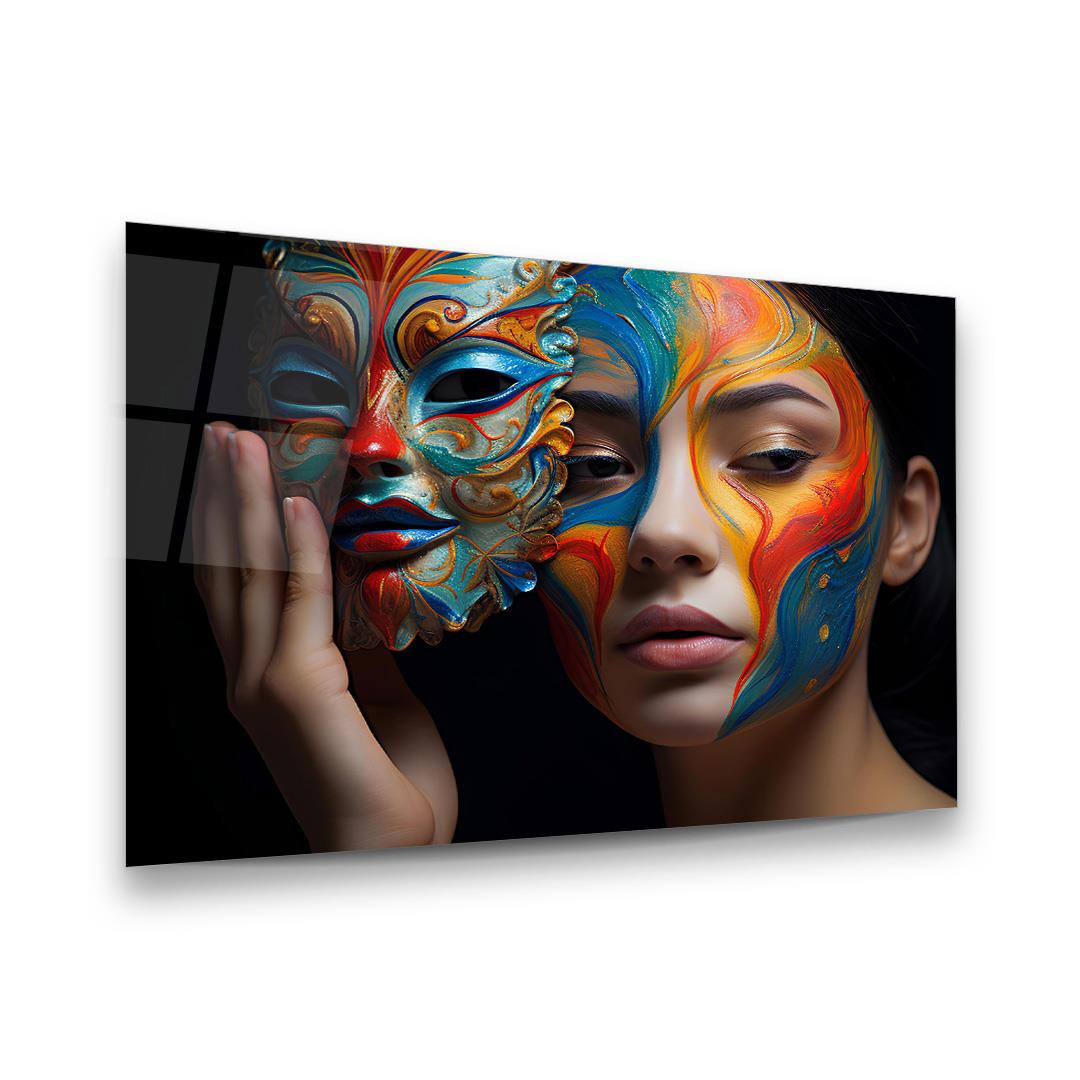 Kadın ve Maske Yatay Cam Tablo-Glass Art Concept