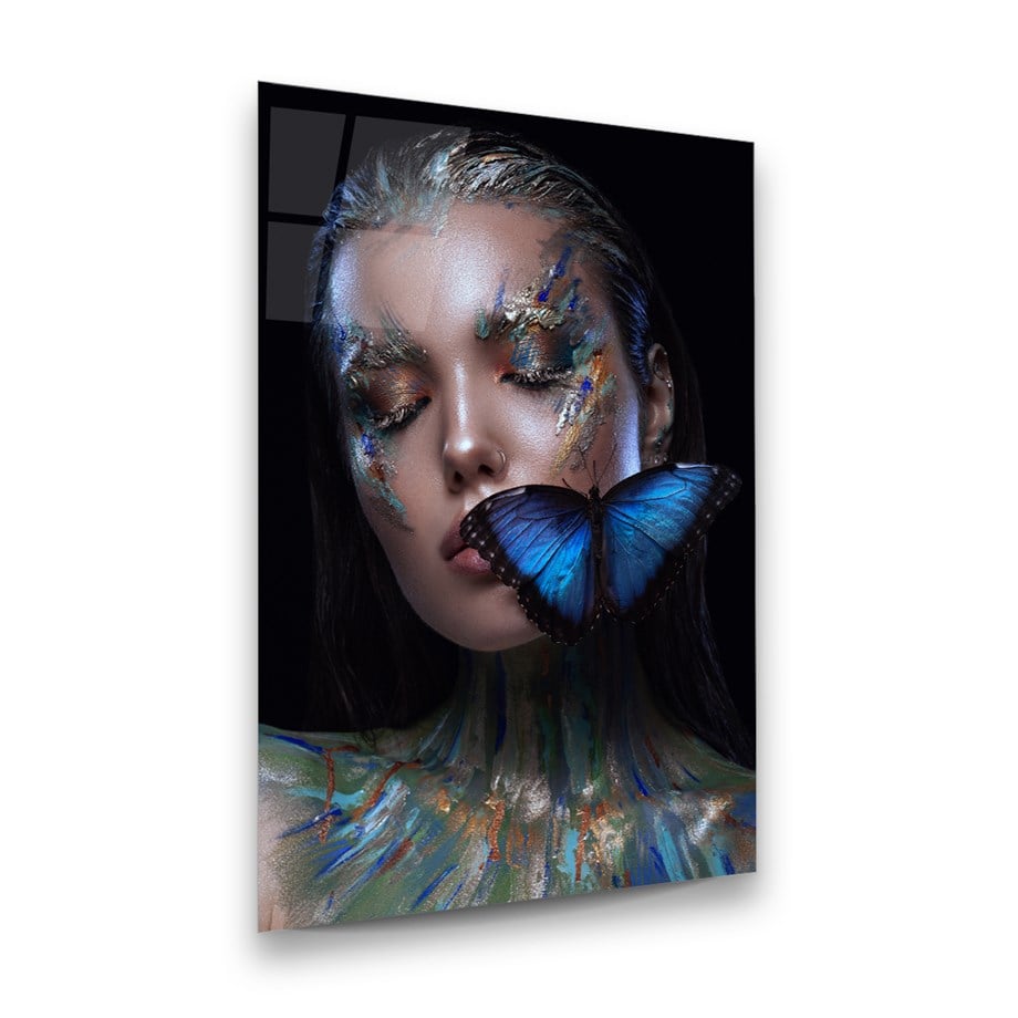 Kadın ve Mavi Kelebek Dikey Cam Tablo-Glass Art Concept