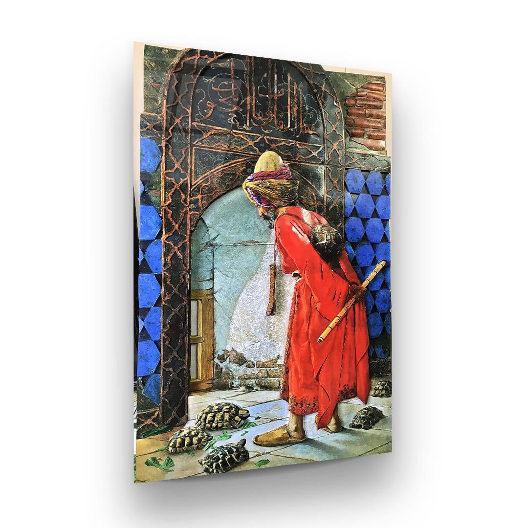 Kaplumbağa Terbiyecisi Dikey Cam Tablo-Glass Art Concept