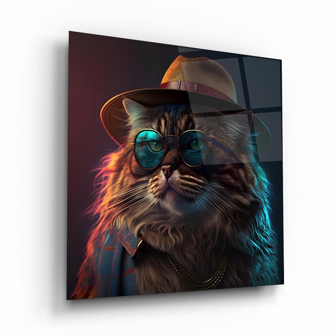 Kedi Adam Kare Cam Tablo-Glass Art Concept