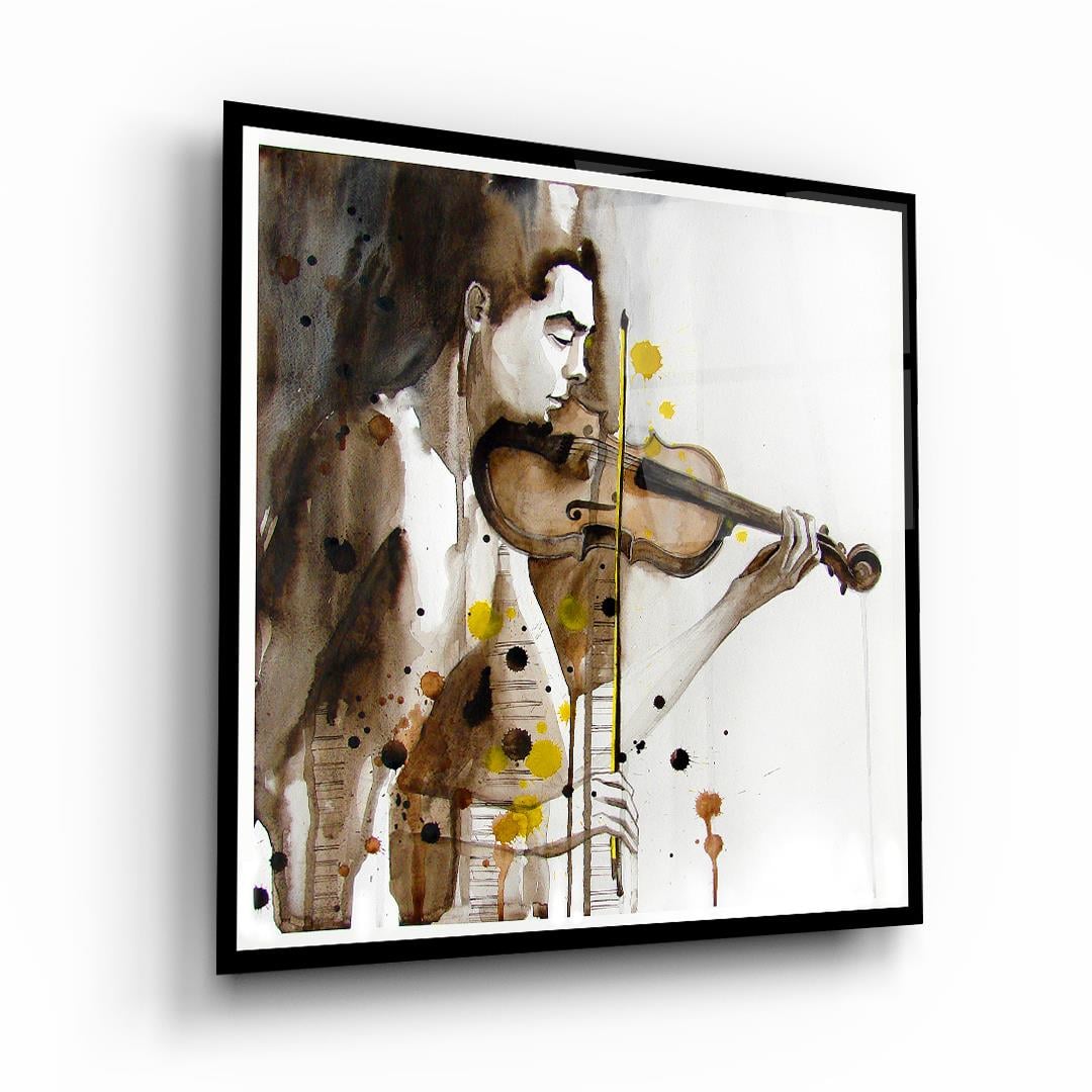 Keman Çalan Adam Kare Cam Tablo-Glass Art Concept