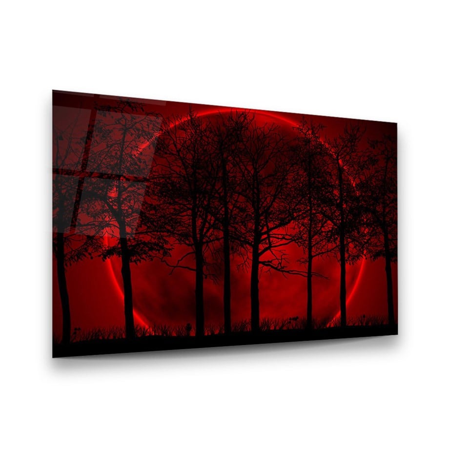 Kırmızı Ay ve Ağaçlar Yatay Cam Tablo-Glass Art Concept