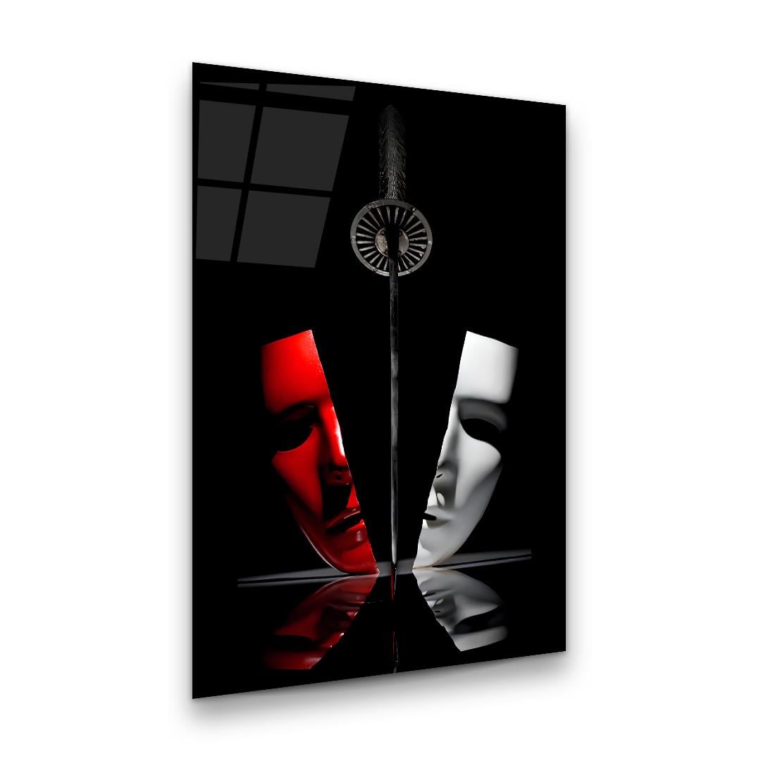Kırmızı Beyaz Maske Dikey Cam Tablo-Glass Art Concept