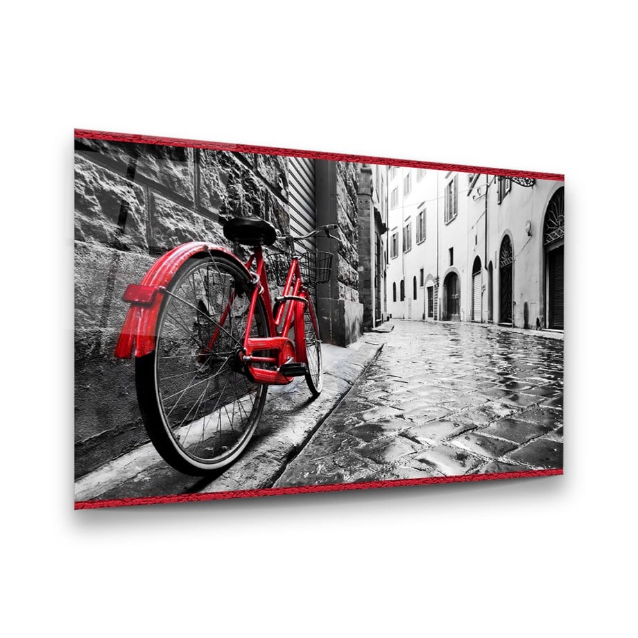 Kırmızı Bisiklet Yatay Cam Tablo-Glass Art Concept
